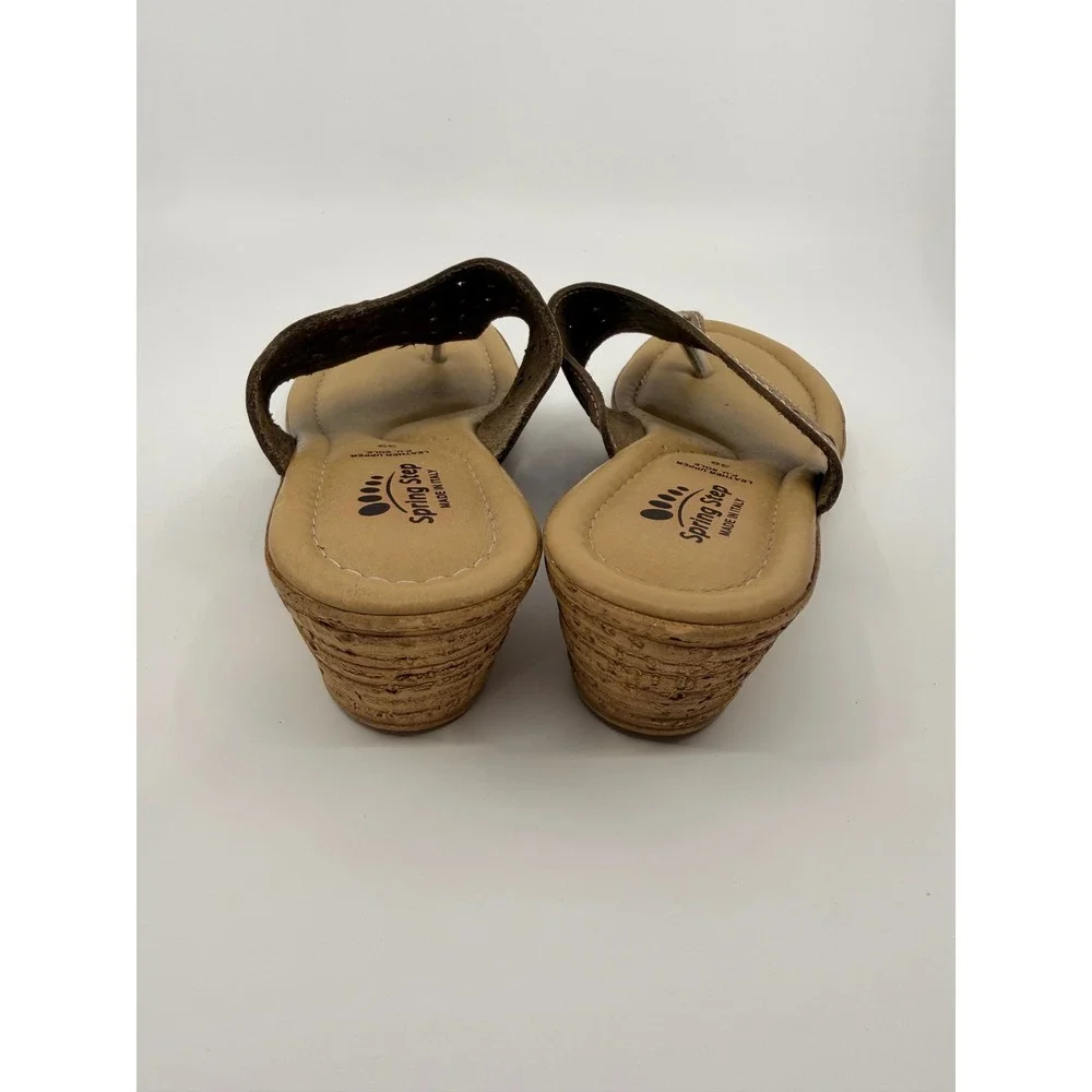 Spring Step Womens Tan Leather Laser Cut Floral Wedge Thong Sandal Made in Italy